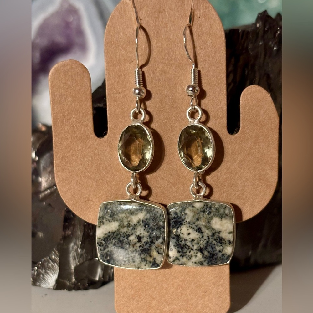 Dendritic Opal & Green Amethyst Drop Earrings – Sterling Silver Hooks